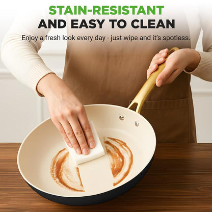 12" Non-Stick Frying Pan with Lid, Even Heat, Golden Titanium Handle
