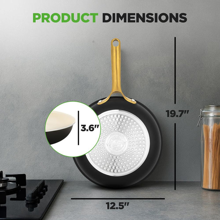 12" Non-Stick Frying Pan with Lid, Even Heat, Golden Titanium Handle