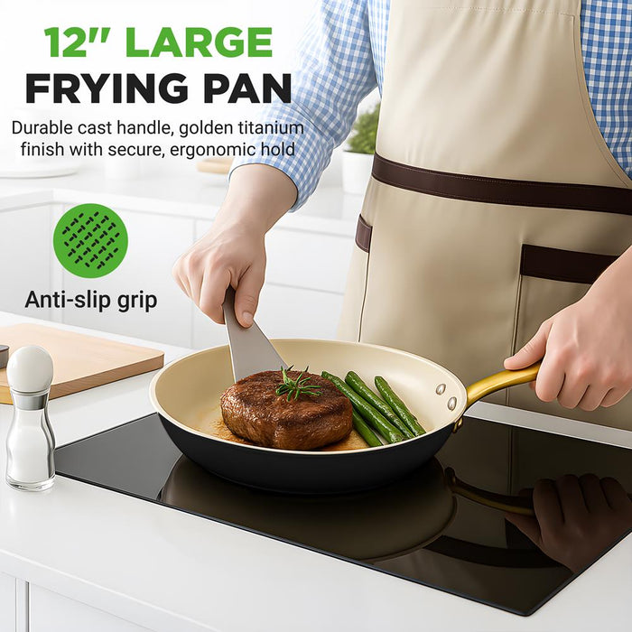12" Non-Stick Frying Pan with Lid, Even Heat, Golden Titanium Handle