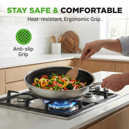 12" Stainless Steel Wok - Quick Heat, Non-Stick, Scratch-Resistant