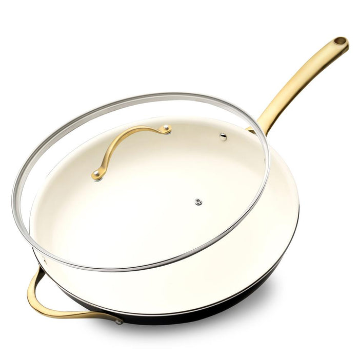 14" Non-Stick Fry Pan with Lid, Golden Titanium Handle, Easy Clean