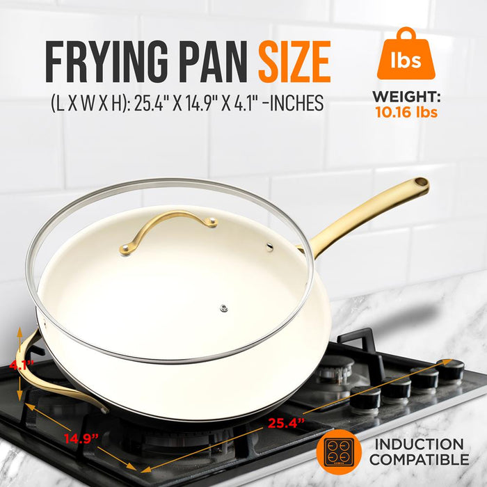 14" Non-Stick Fry Pan with Lid, Golden Titanium Handle, Easy Clean