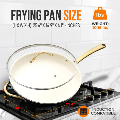 14" Non-Stick Fry Pan with Lid, Golden Titanium Handle, Easy Clean
