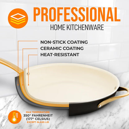 14" Non-Stick Fry Pan with Lid, Golden Titanium Handle, Easy Clean