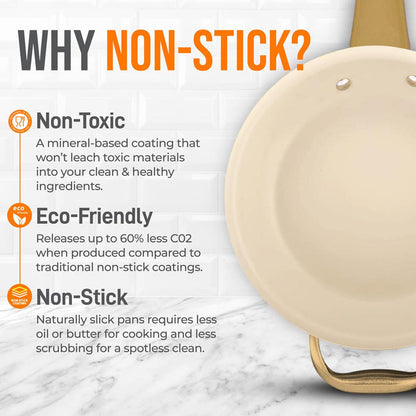 14" Non-Stick Fry Pan with Lid, Golden Titanium Handle, Easy Clean