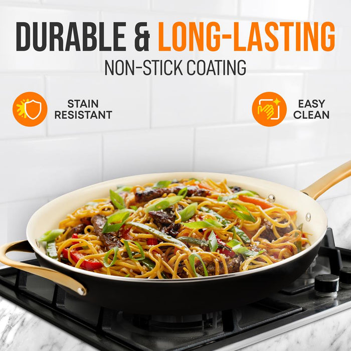 14" Non-Stick Fry Pan with Lid, Golden Titanium Handle, Easy Clean