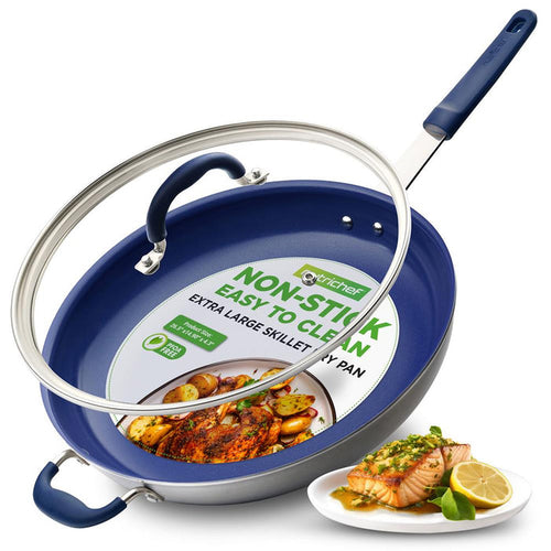 14" Nonstick Fry Pan with Lid - Easy Clean Ceramic, Blue Silicone Handle
