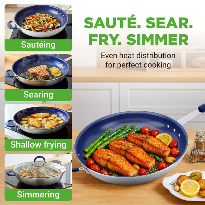 14" Nonstick Fry Pan with Lid - Easy Clean Ceramic, Blue Silicone Handle