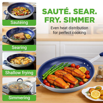 14" Nonstick Fry Pan with Lid - Easy Clean Ceramic, Blue Silicone Handle