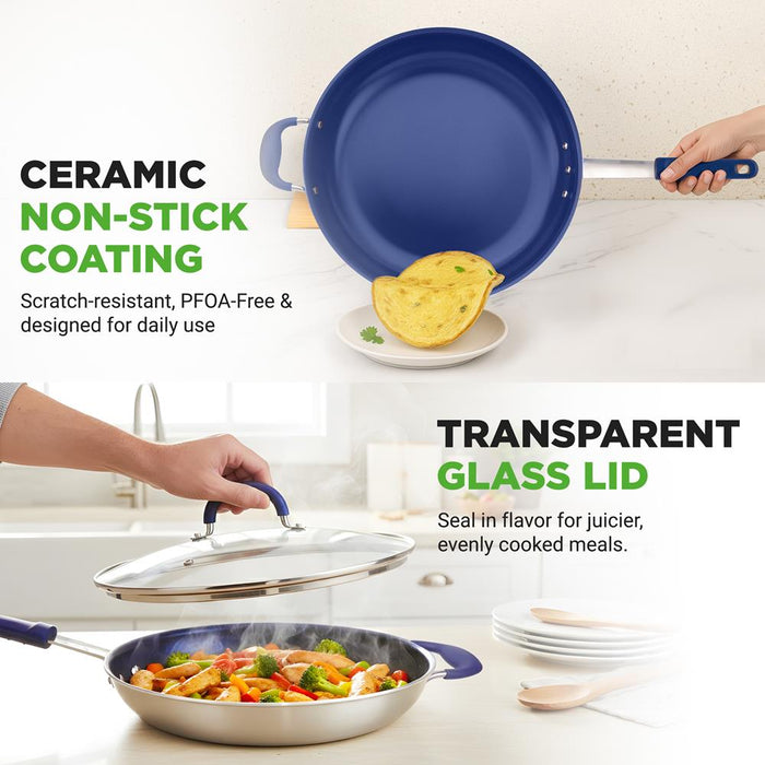14" Nonstick Fry Pan with Lid - Easy Clean Ceramic, Blue Silicone Handle
