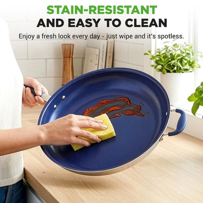 14" Nonstick Fry Pan with Lid - Easy Clean Ceramic, Blue Silicone Handle