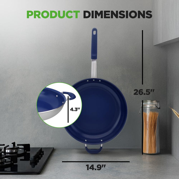 14" Nonstick Fry Pan with Lid - Easy Clean Ceramic, Blue Silicone Handle