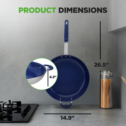 14" Nonstick Fry Pan with Lid - Easy Clean Ceramic, Blue Silicone Handle