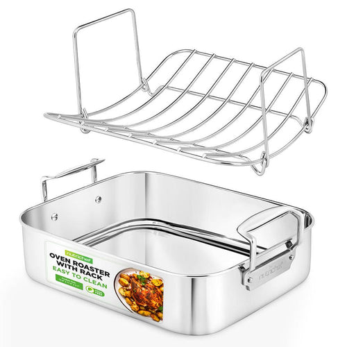 14" Stainless Steel Roasting Pan with Rack, Oven Safe, Easy Clean