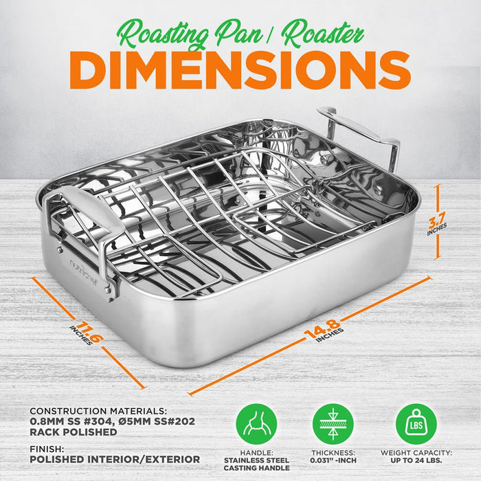14" Stainless Steel Roasting Pan with Rack, Oven Safe, Easy Clean
