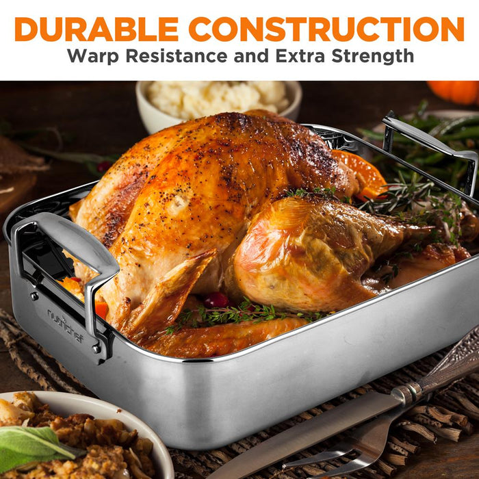 14" Stainless Steel Roasting Pan with Rack, Oven Safe, Easy Clean