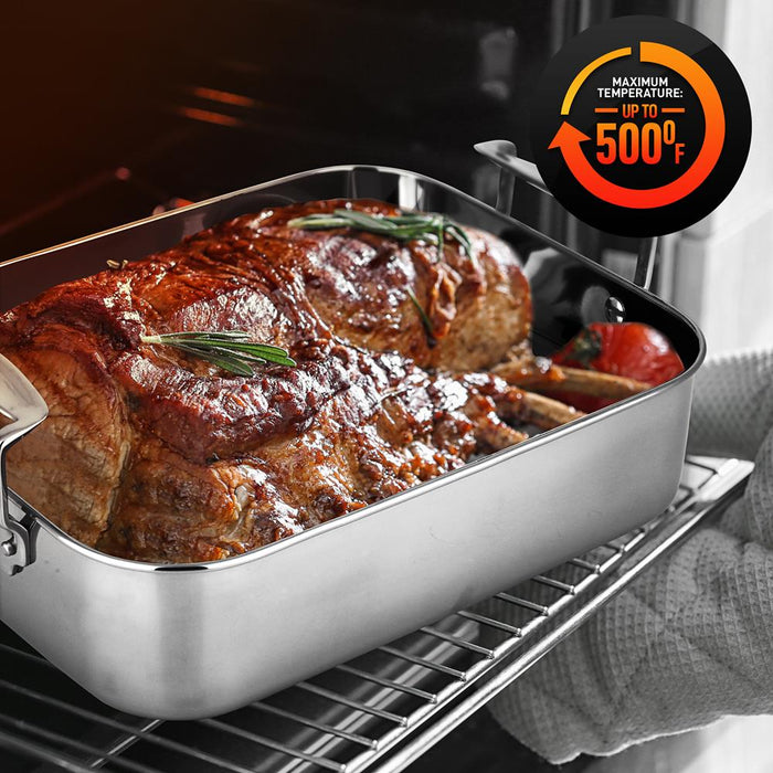 14" Stainless Steel Roasting Pan with Rack, Oven Safe, Easy Clean