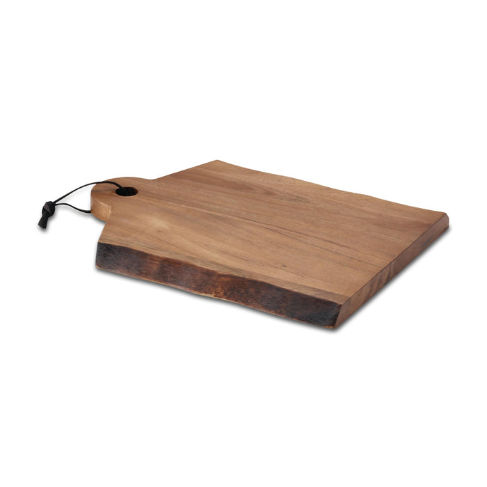 Crafted from acacia wood, the 14" x 11" cutting board features a natural edge and comes with a handy hanging loop, making it ideal for stunning charcuterie displays.