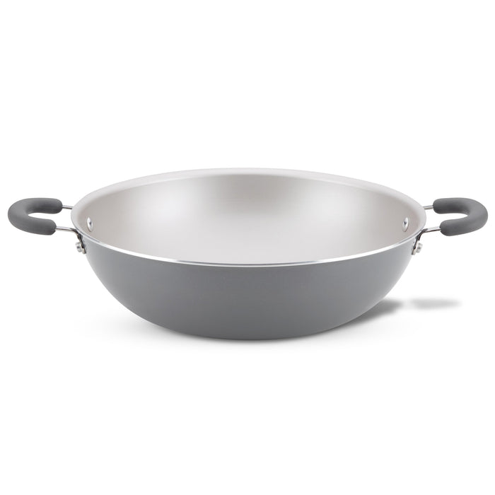14.25-Inch Nonstick Induction Wok with two black handles on white background.
