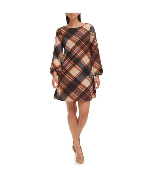 1Pc Puff Sleeve Trap Knit Melange Plaid Rust