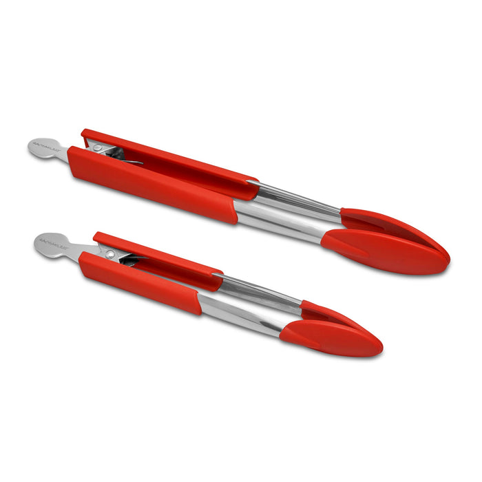 A 2-Piece Locking Tong Set, with stainless steel bodies and red silicone function heads, is displayed on a white background.