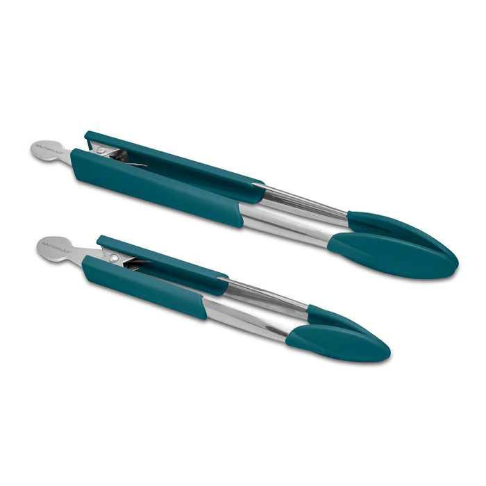 The 2-Piece Locking Tong Set includes two stainless steel kitchen tongs with stylish silicone function heads and teal grips, available in both large and small sizes.