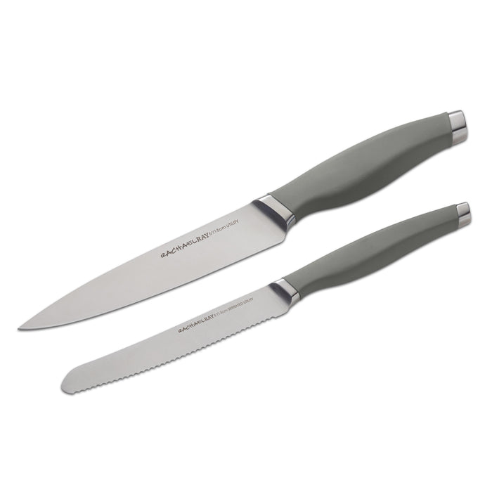 Introducing the 2-Piece Utility Knife Set: This set includes two kitchen knives with sleek gray handles made of premium Japanese stainless steel, all showcased beautifully against a white backdrop. To enhance safety and durability, each knife is equipped with its own protective sheath.