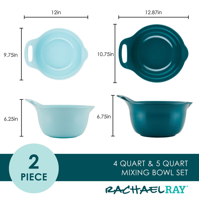 The 2-Qt. & 3-Qt. Nesting Mixing Bowl Set features teal melamine bowls designed for versatility, with one bowl wider and the other deeper, both equipped with pour spouts for effortless pouring. Their non-slip rubberized bottoms provide stability, allowing you to whisk and mix with confidence.
