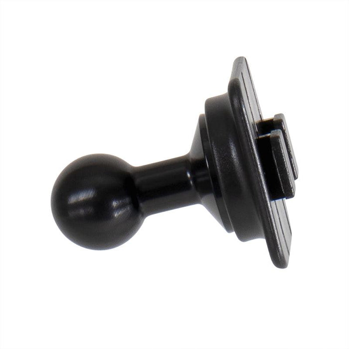 The 20mm Aluminum Ball to Dual T-Tab Adapter is shown against a white background, featuring a round aluminum ball on one end and a grooved rectangular plate compatible with Dual-T-Tab slot holders on the other.