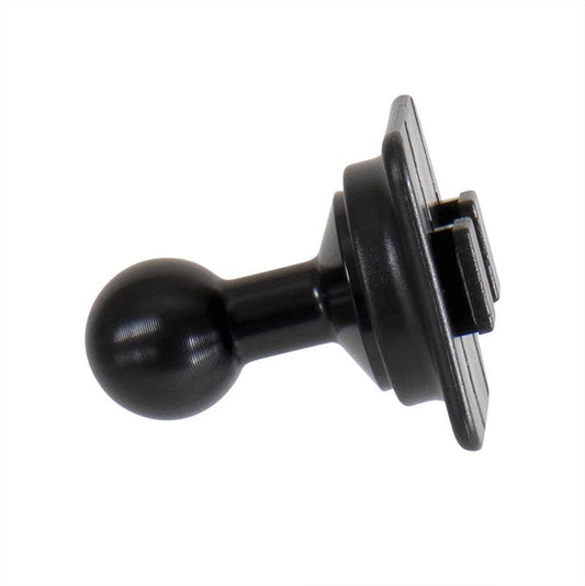 The 20mm Aluminum Ball to Dual T-Tab Adapter is shown against a white background, featuring a round aluminum ball on one end and a grooved rectangular plate compatible with Dual-T-Tab slot holders on the other.