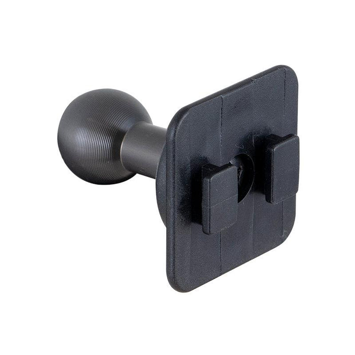 A black, square-shaped 20mm Aluminum Ball to Dual T-Tab Adapter with a round, textured base, designed for secure mounting on vehicle dashboards or other flat surfaces.