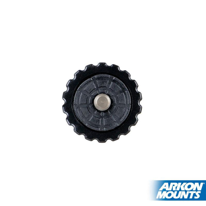 A round, black gear-shaped plastic knob with a central metal insert, shown from above. Designed as the 20mm Metal Ball to 1/4-20 Camera Bolt Adapter—perfect for ARKON Mounts camera mounting. The ARKON MOUNTS logo is at bottom right on a white background.