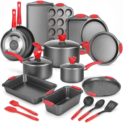 21-Piece Nonstick Cookware Set - Even Heat, Cool-Touch Handles, Red