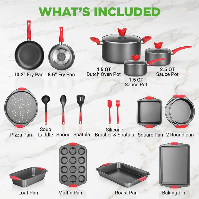 21-Piece Nonstick Cookware Set - Even Heat, Cool-Touch Handles, Red