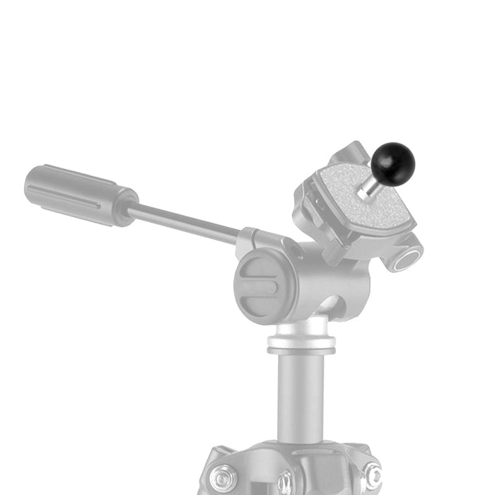 A close-up of the 25mm (1 inch) Ball Adapter to 1/4-20 Female Threaded Hole, with its textured mounting plate and threaded hole in color, while the rest remains grayscale. Adjustment knobs and a control handle are also visible.