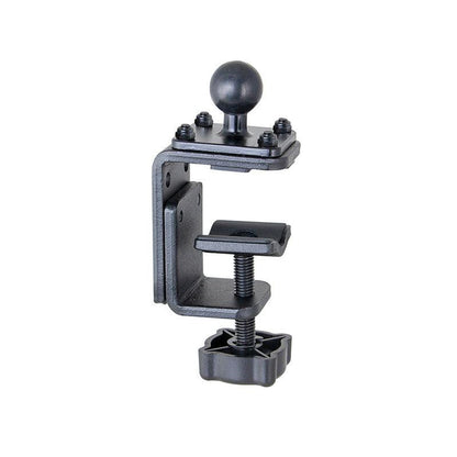 The 25mm (1 inch) Ball to Adjustable Clamp Adapter is a black metal mount with a clamp base and ball head, featuring an adjustable screw and tightening knob. Its part of the Arkon Robust Series for secure table or desk mounting.