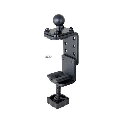 The 25mm (1 inch) Ball to Adjustable Clamp Adapter is a black metal clamp with a round knob, adjustable screw base, and 3.375-inch marking, designed to secure devices to desks or flat surfaces with compatible mounts or Arkon Robust Series clamp bases.