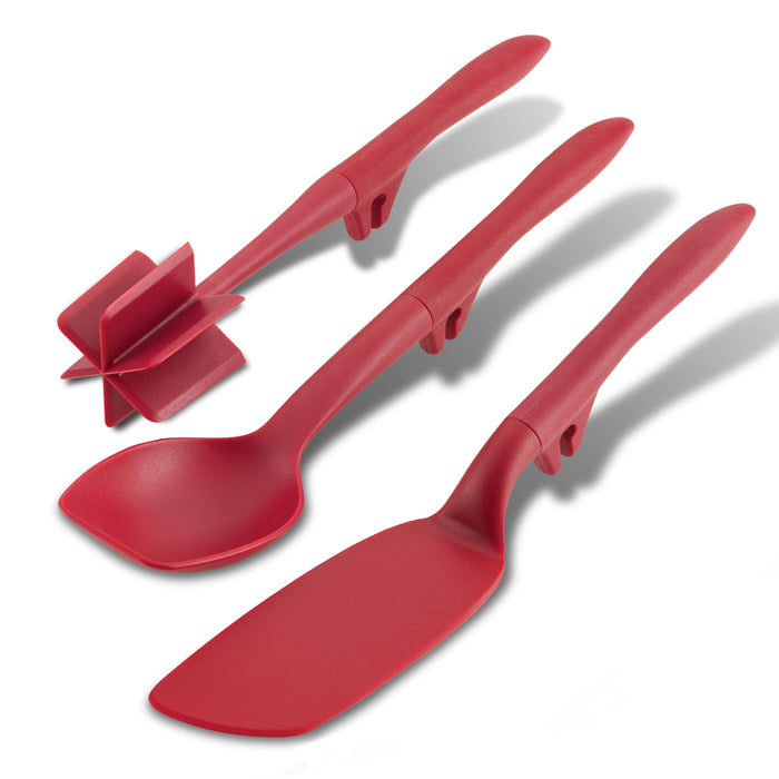A 3-piece Lazy Tool Set, including Crush & Chop and Turn utensils, in a striking red nylon hue is displayed gracefully on a clean white surface.