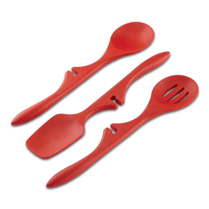 The 3-Piece Lazy Tool Set includes three heat-safe, versatile kitchen tools: a nylon cooking spoon, spatula, and slotted spoon.