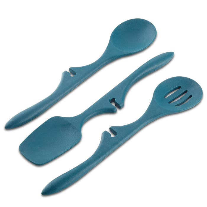 Introducing the 3-Piece Lazy Tool Set: a collection of three teal nylon cooking utensils, including a spoon, spatula, and slotted spoon. These heat-safe and versatile kitchen tools are perfect for all your culinary needs.