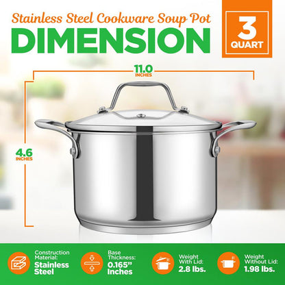 3-Quart Stainless Steel Pot, Even Heat, Glass Lid, Induction Safe