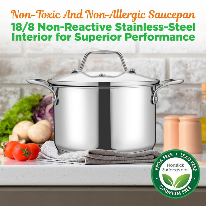 3-Quart Stainless Steel Pot, Even Heat, Glass Lid, Induction Safe