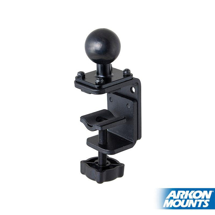 The 38mm (1.5 inch) Ball to Adjustable Clamp Adapter is a black metal mount with a round ball head, part of the Arkon Robust Series, featuring a 38mm clamp base. The Arkon Mounts logo appears in the bottom right corner.