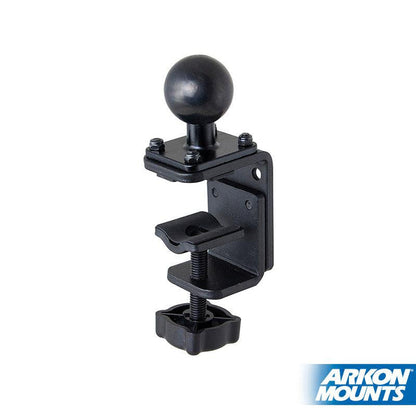The 38mm (1.5 inch) Ball to Adjustable Clamp Adapter is a black metal mount with a round ball head, part of the Arkon Robust Series, featuring a 38mm clamp base. The Arkon Mounts logo appears in the bottom right corner.