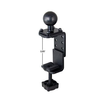 The 38mm (1.5 inch) Ball to Adjustable Clamp Adapter features a round ball joint, an adjustable clamp mechanism, a 3.375-inch-high clamp base, and multiple holes for versatile mounting options.