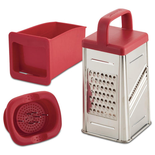 Introducing the 4-Sided Box Grater with Storage Box, a versatile kitchen tool with a red handle and stainless steel attachments set against a pristine white background.
