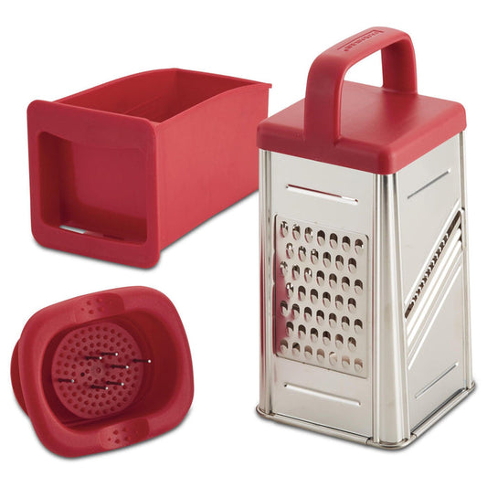 Introducing the 4-Sided Box Grater with Storage Box, a versatile kitchen tool with a red handle and stainless steel attachments set against a pristine white background.