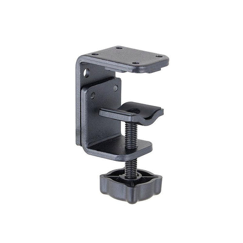 The 4-Hole AMPS to Adjustable Clamp Adapter is a black metal mount with a flat plate and clamp base, designed to secure items to desk or table edges; AMPS compatible for versatile mounting.