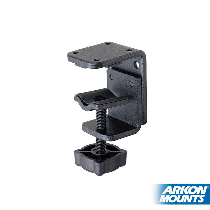 The 4-Hole AMPS to Adjustable Clamp Adapter is a black metal clamp with a screw-tightened knob for attaching to desk or table edges. It features the Arkon Mounts logo and is compatible with AMPS mounts.