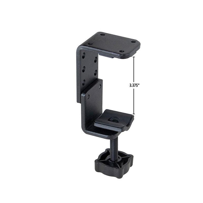 The 4-Hole AMPS to Adjustable Clamp Adapter is a black metal clamp with a 3.375 height, ideal for securing items to tables or workbenches. It features an adjustable clamp base and an AMPS-compatible design.